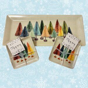 NWOT Nicole Miller Bottle Brush Tree Melamine Tray and 2 Sets of 4 Plates